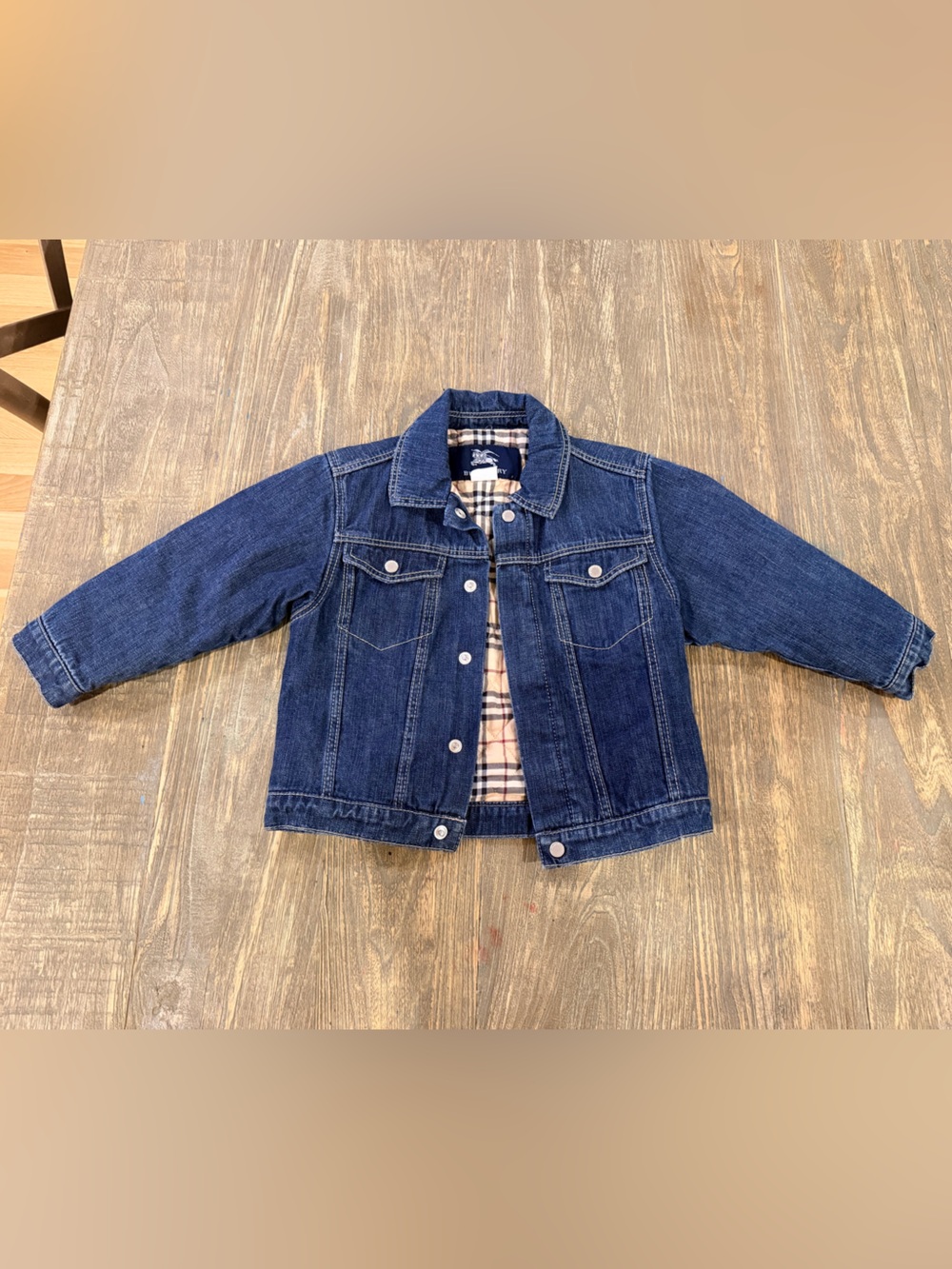 Burberry Kids Dark Blue Denim Jacket with Signature Plaid Lining